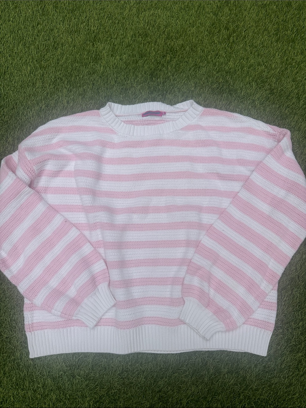 Edikted Pink and White Striped Oversized Crewneck Sweater